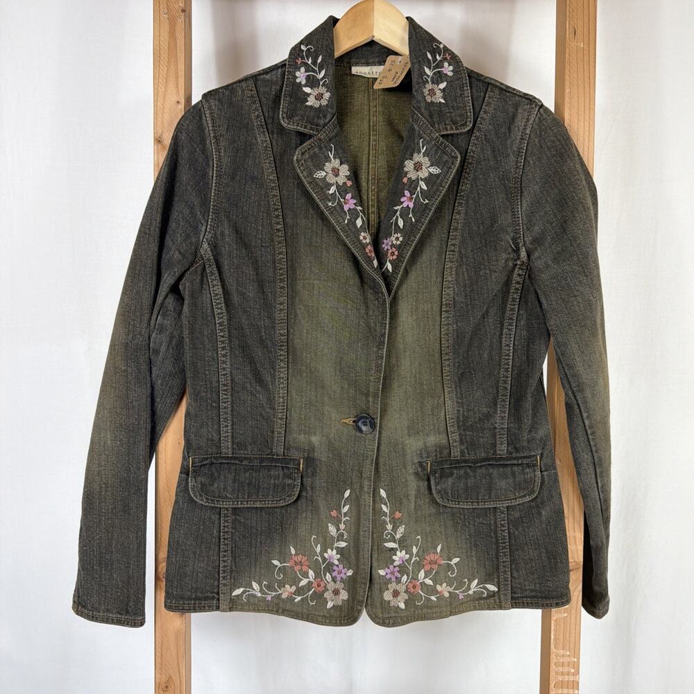 Vintage Apostrophe Black Embroidery One Button Blazer Jacket #1256 Size SM